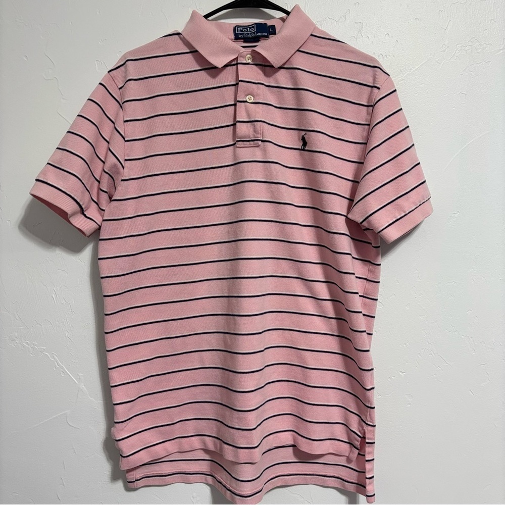 Polo by Ralph Lauren Men's Large Cotton Polo Short Sleeve Pink Blue Stripe